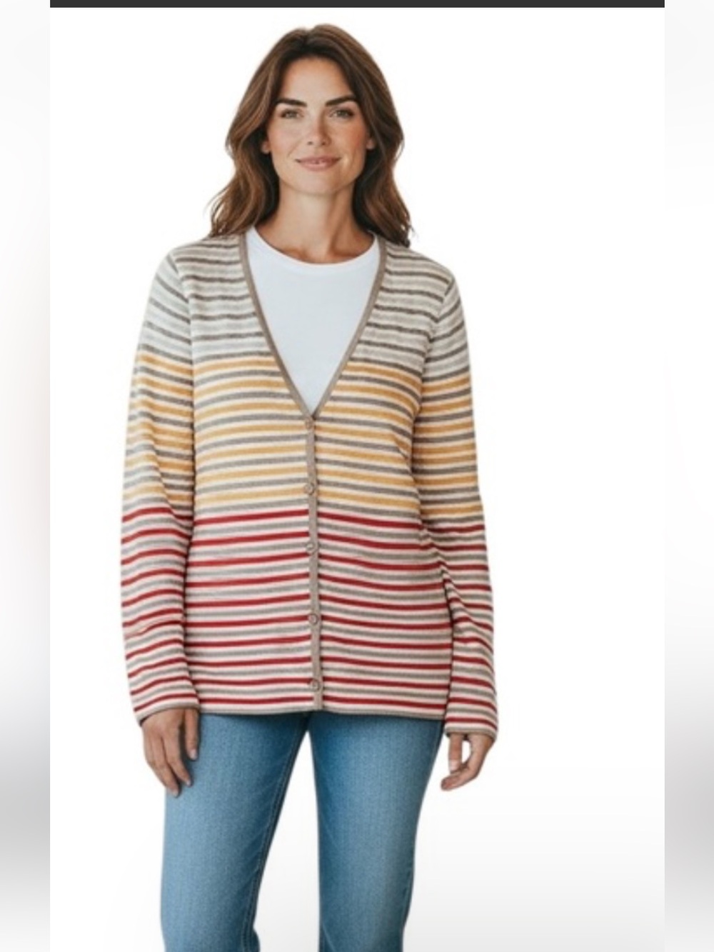 St. John Striped V-Neck Button Cardigan in Red, Yellow & Cream